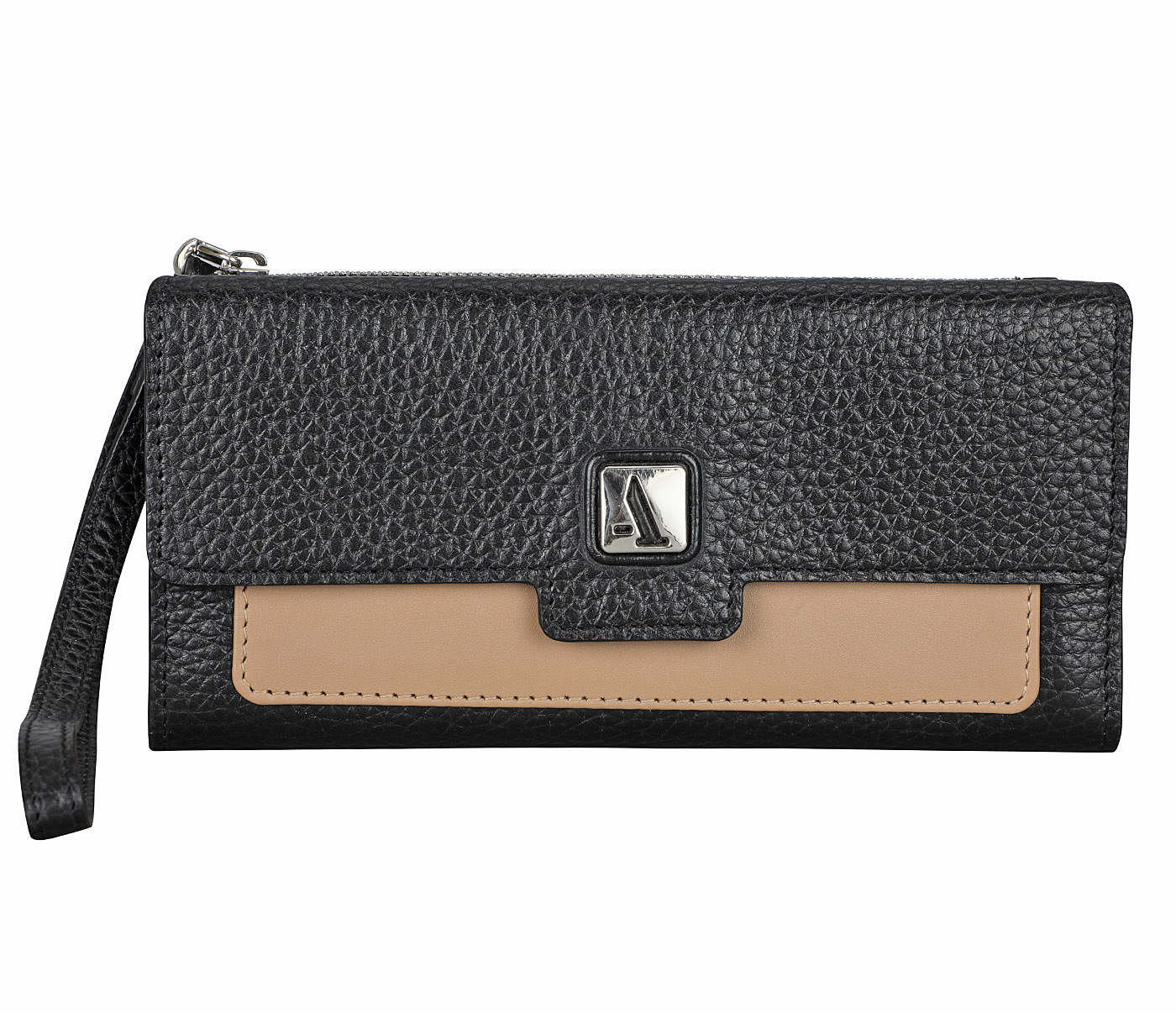 W337-Benicia-Women's wallet with loop and zip closing in genuine leather - Black/Beige