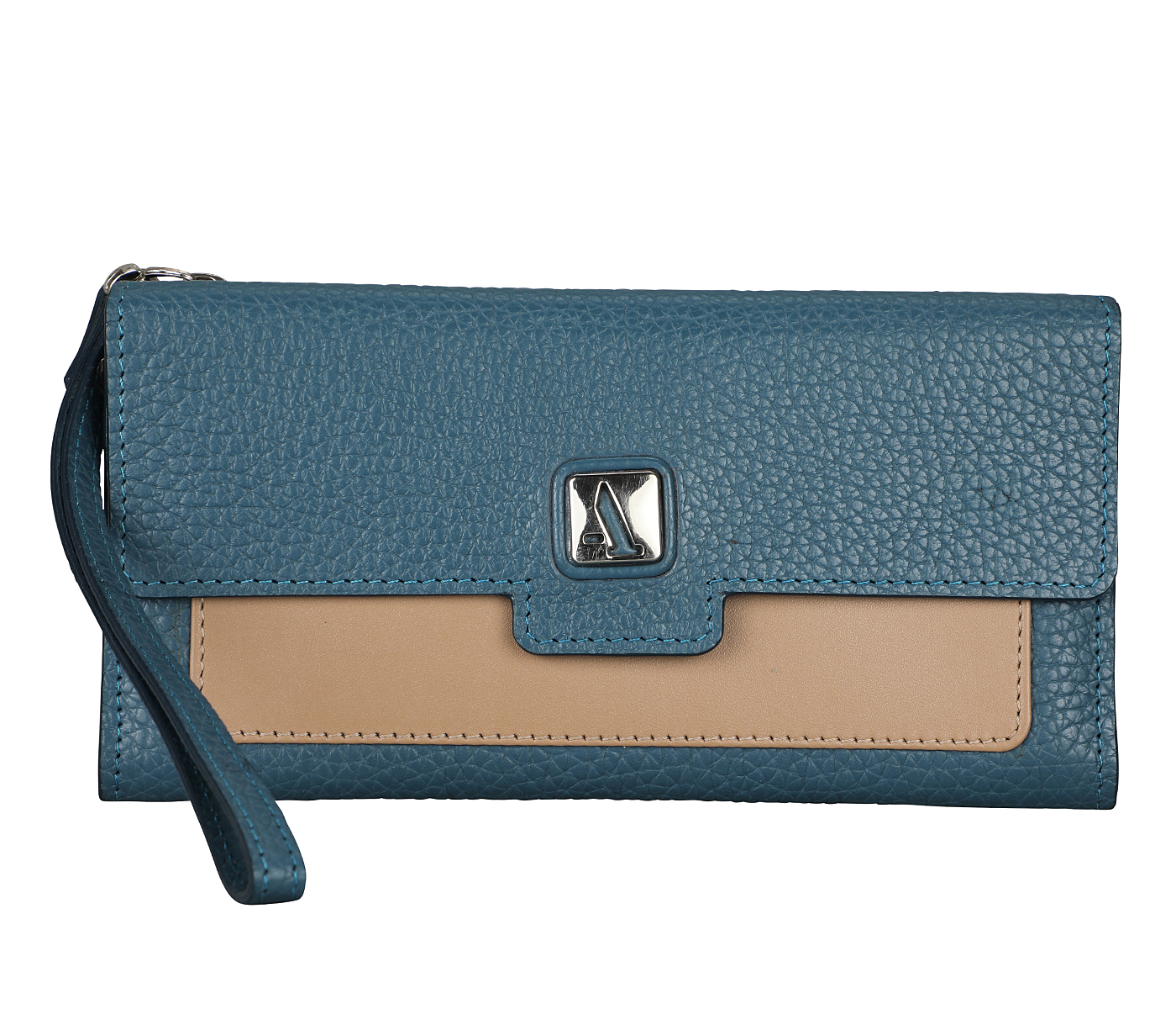 W337-Benicia-Women's wallet with loop and zip closing in genuine leather - Blue/Beige