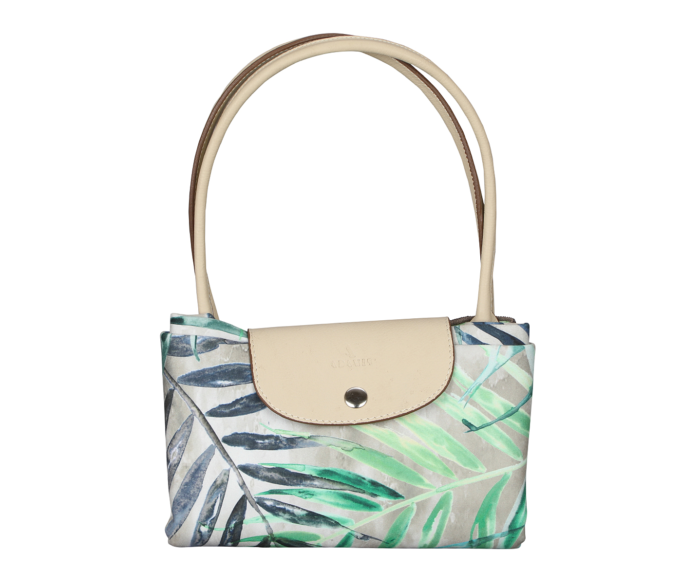 B882--Adelina Folding Tote Bag In Leaf Print Material With Genuine Leather Handles And Flap - Green