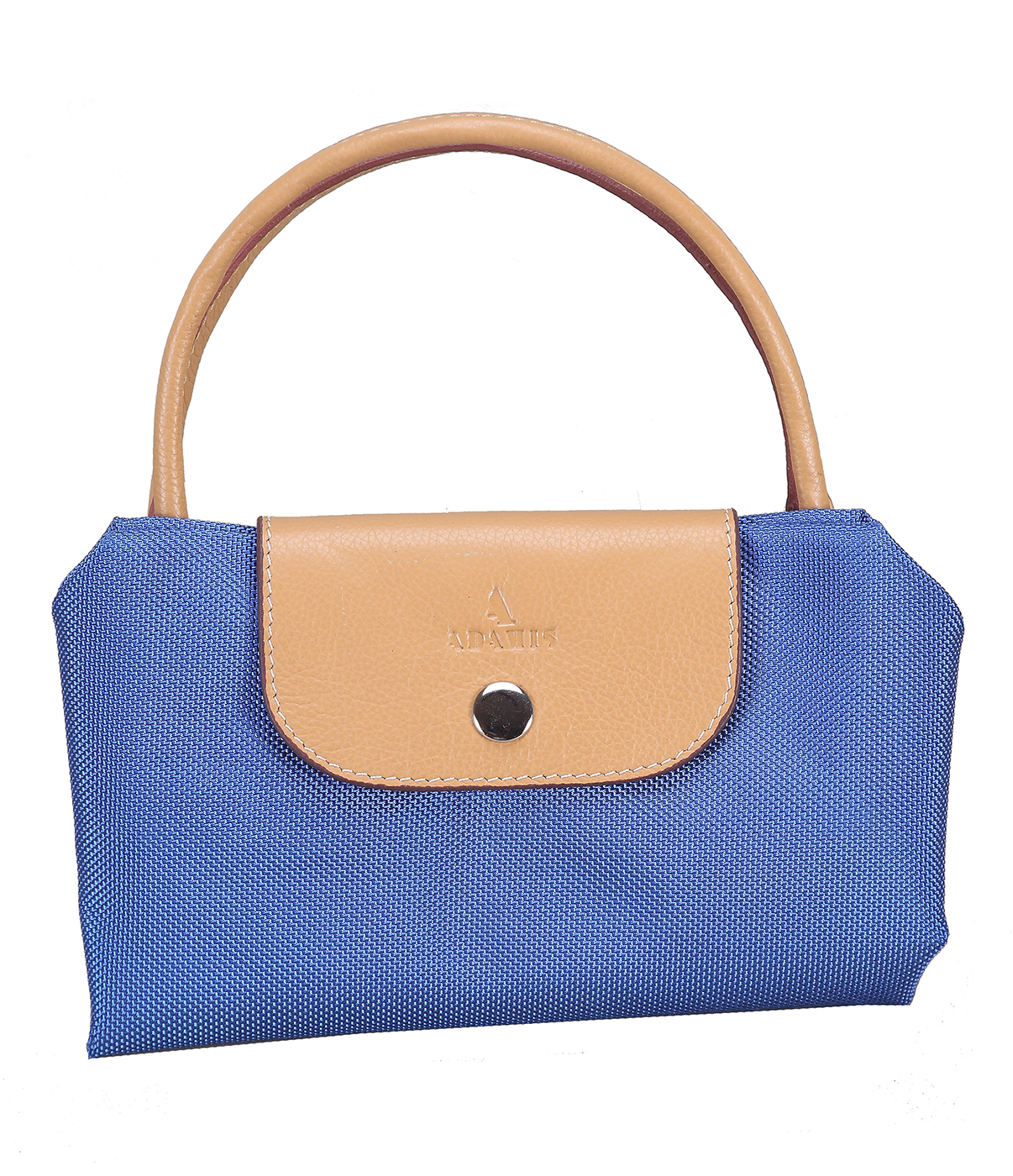 B690-Azul-Folding Tote in Tetron Material with Genuine Leather trimmings - Blue