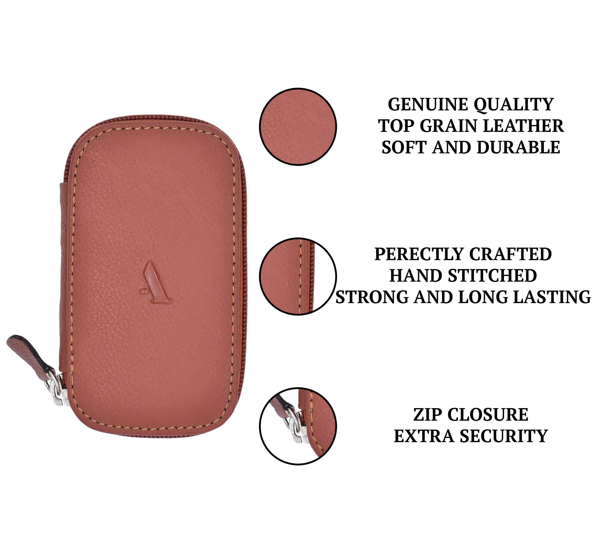 W55--Keycase with zipper closing in Genuine Leather - Tan