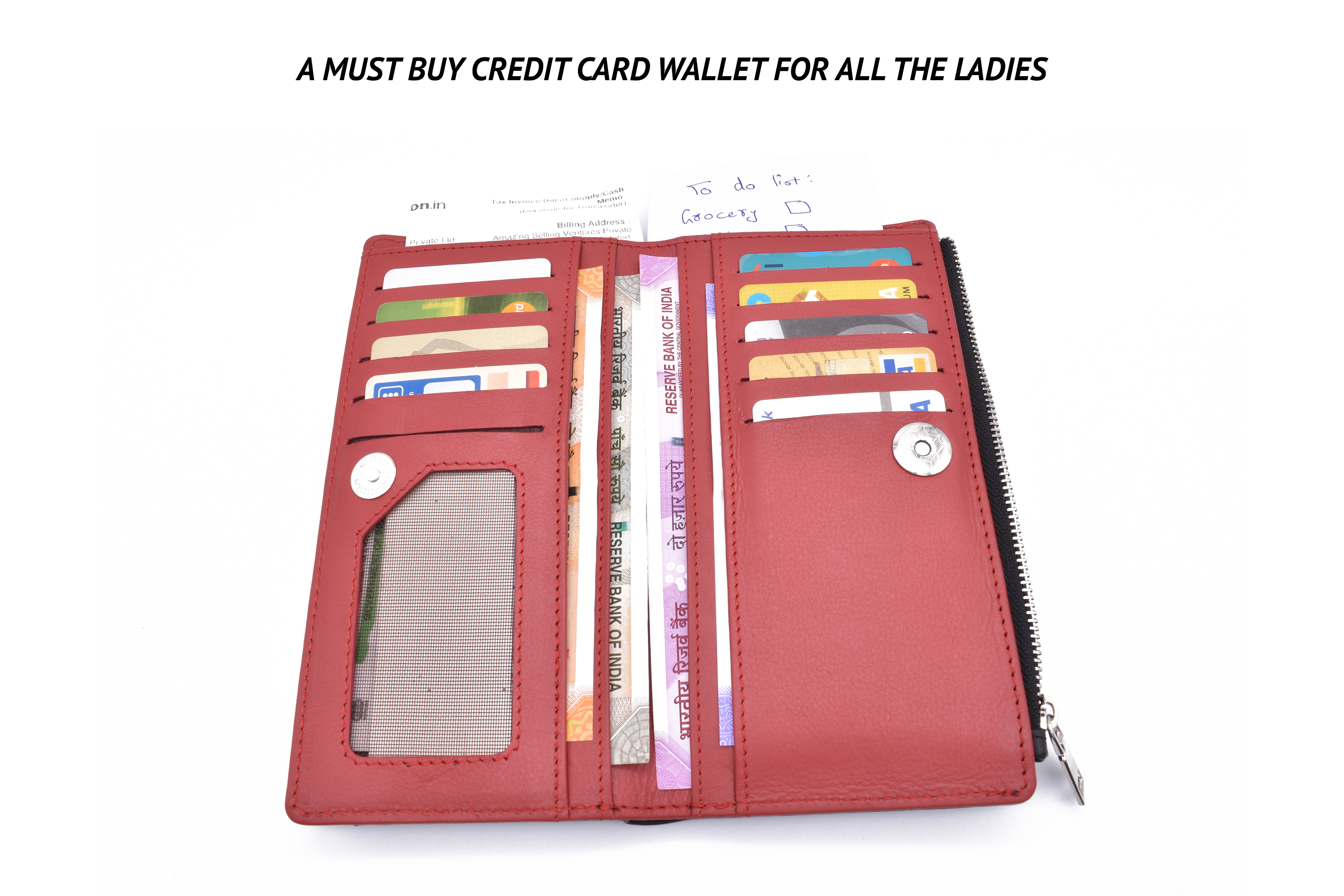 W338-Claudita-Women's wallet with loop and zip closing in genuine leather - Black/Red