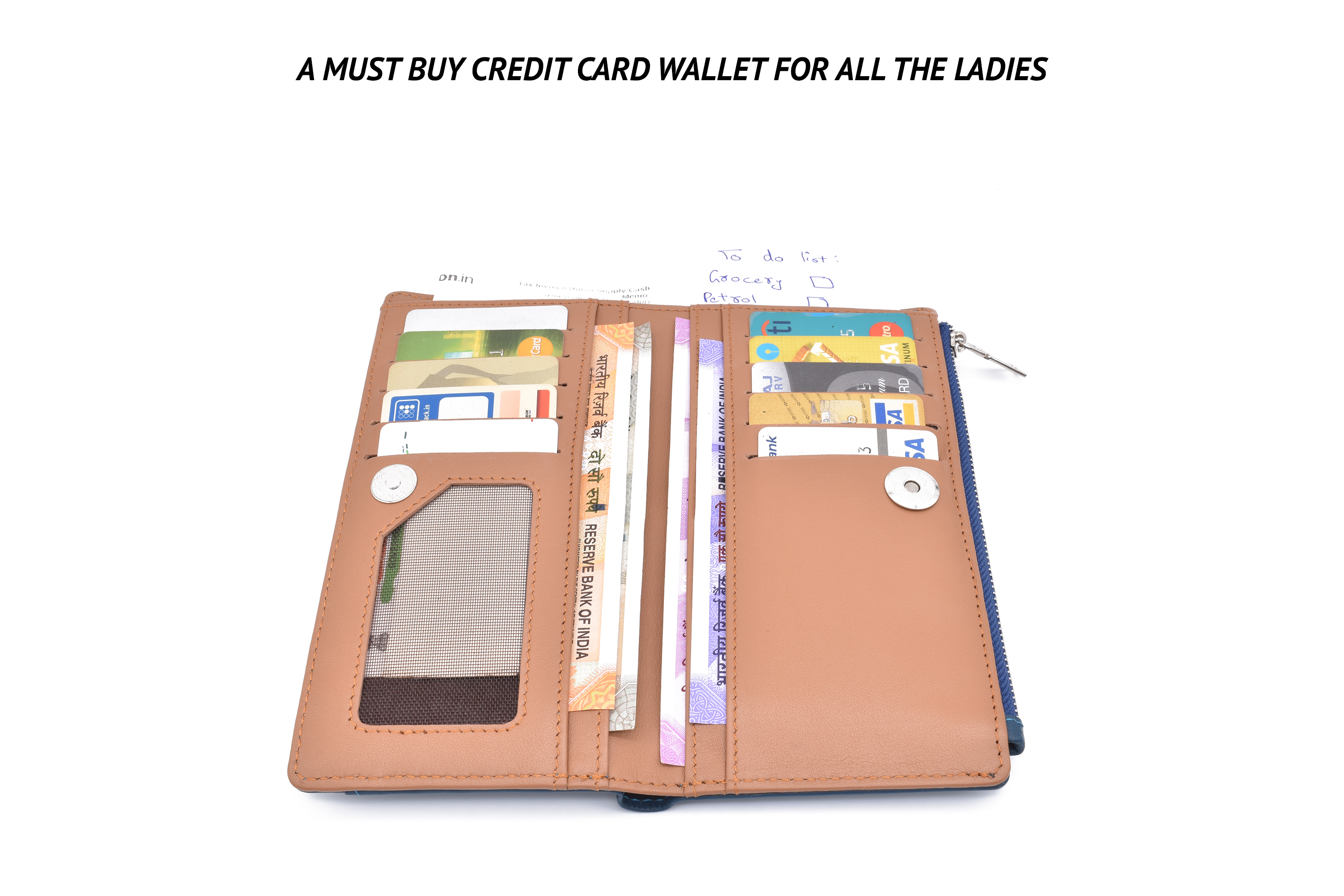 W338-Claudita-Women's wallet with loop and zip closing in genuine leather - Blue/Beige