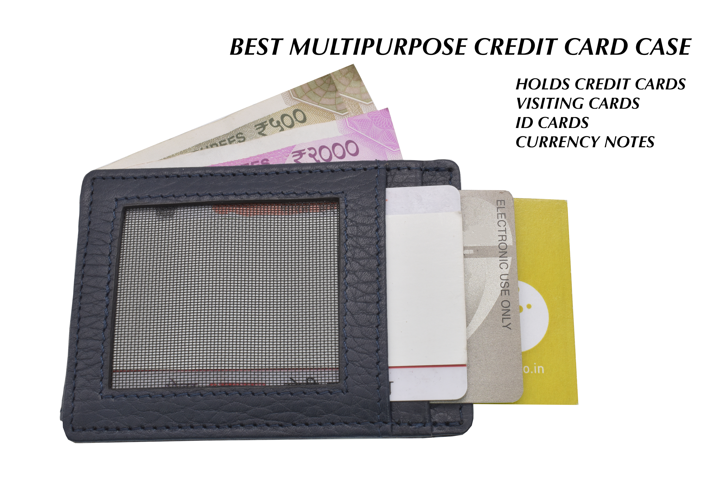 W340--Credit card case and magnetic money clip in genuine leather - Blue