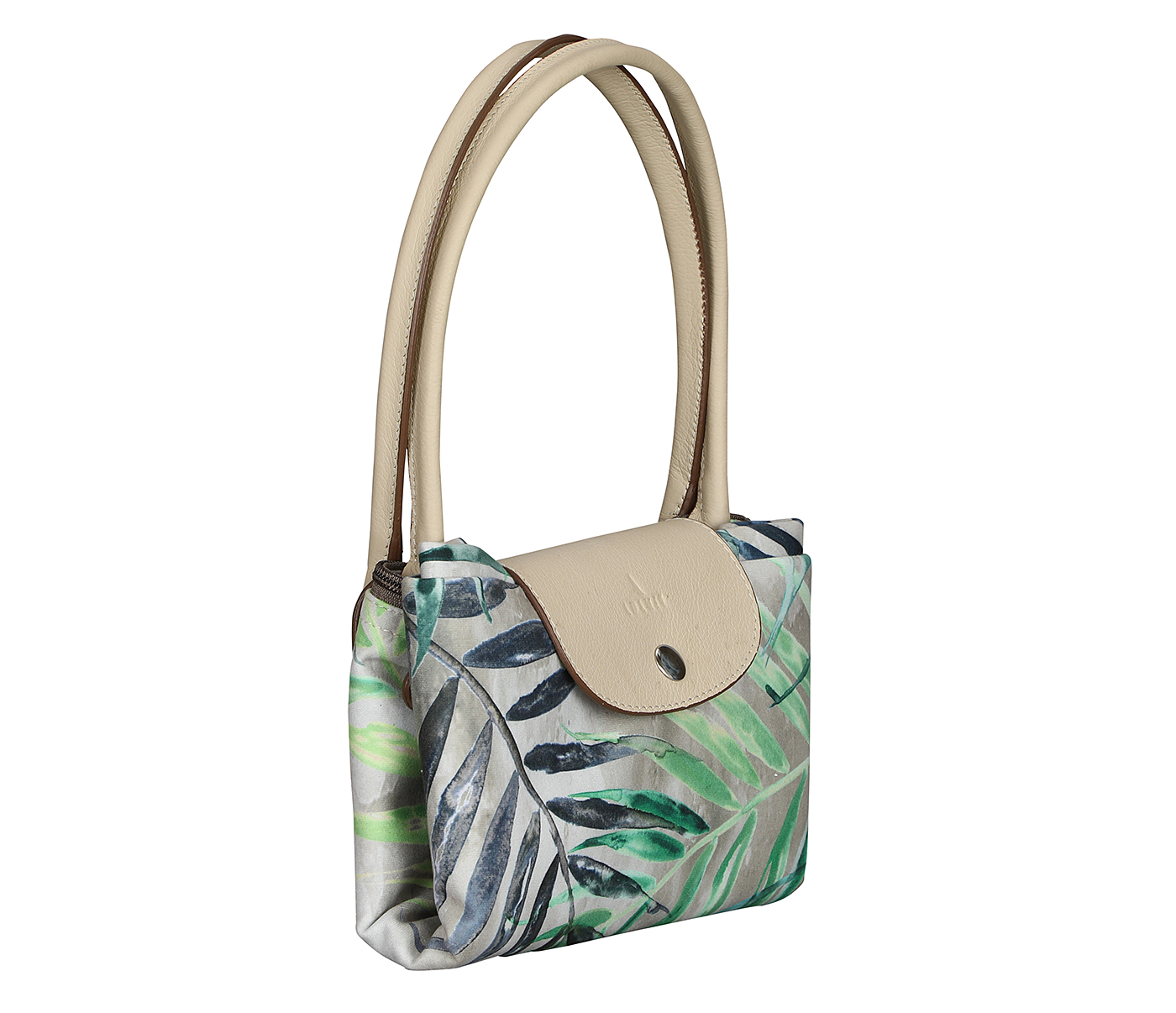 B882--Adelina Folding Tote Bag In Leaf Print Material With Genuine Leather Handles And Flap - Green
