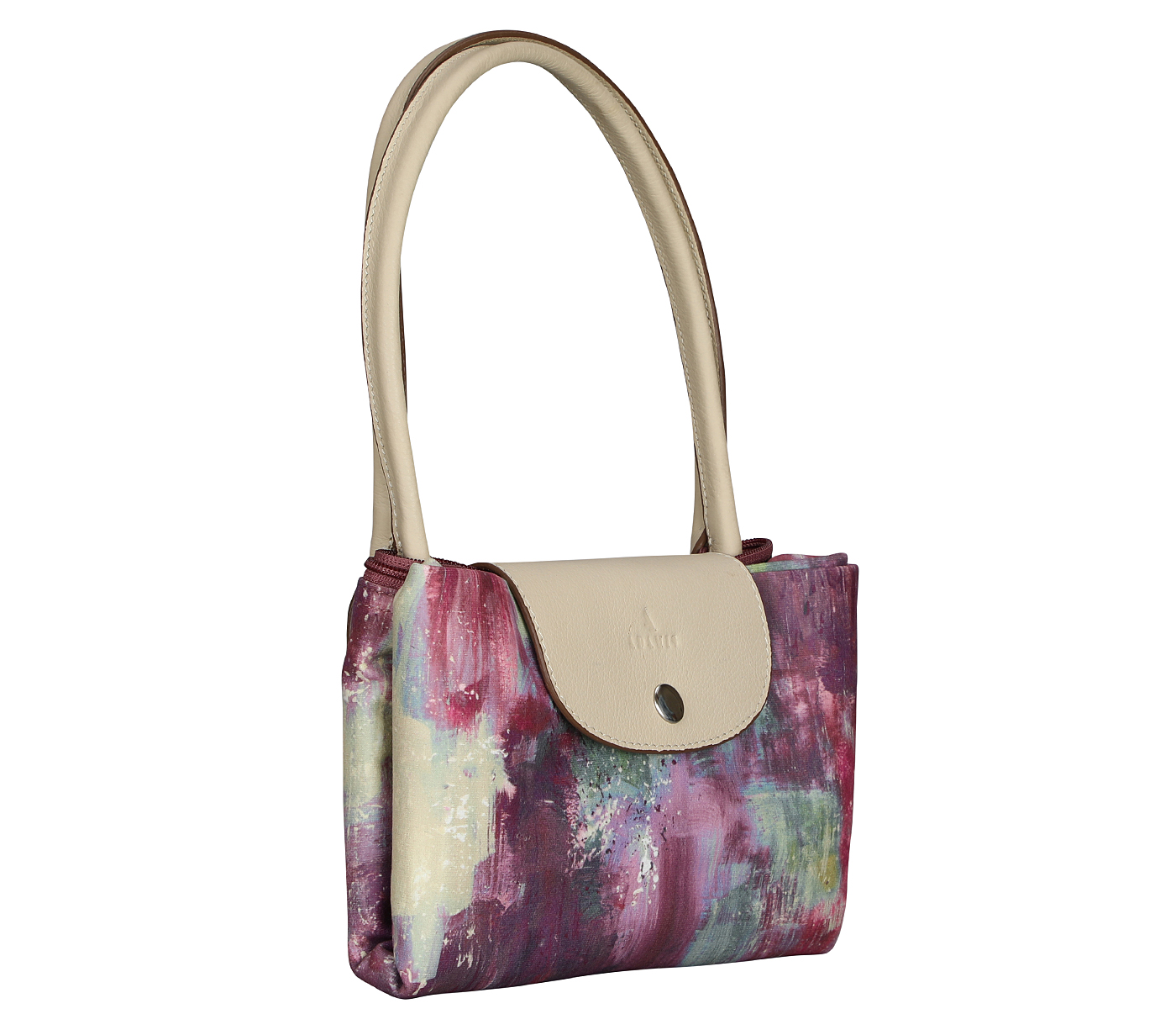 B882--Adelina Folding Tote Bag In Leaf Print Material With Genuine Leather Handles And Flap - Wine