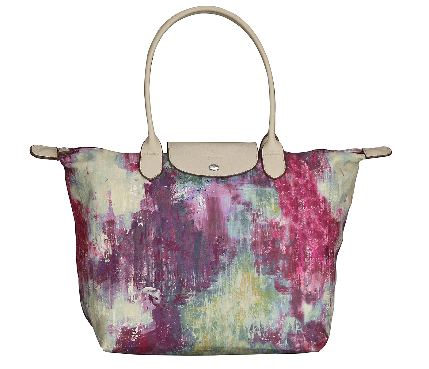 B882--Adelina Folding Tote Bag In Leaf Print Material With Genuine Leather Handles And Flap - Wine