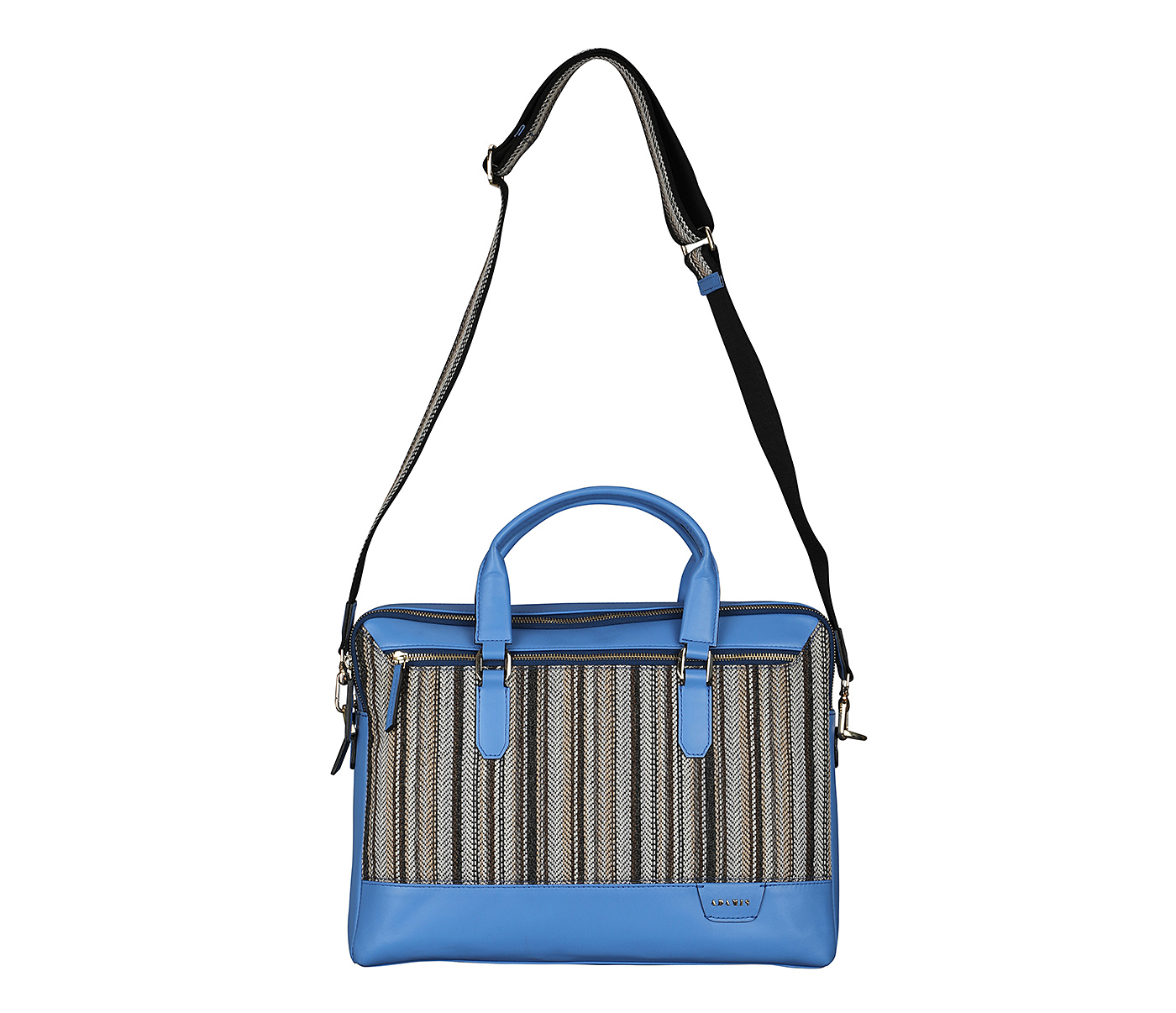 F79-Alvaro-Laptop cum portfolio bag in Multi colored Stripes print fabric with Genuine Leather combination - LT BLUE