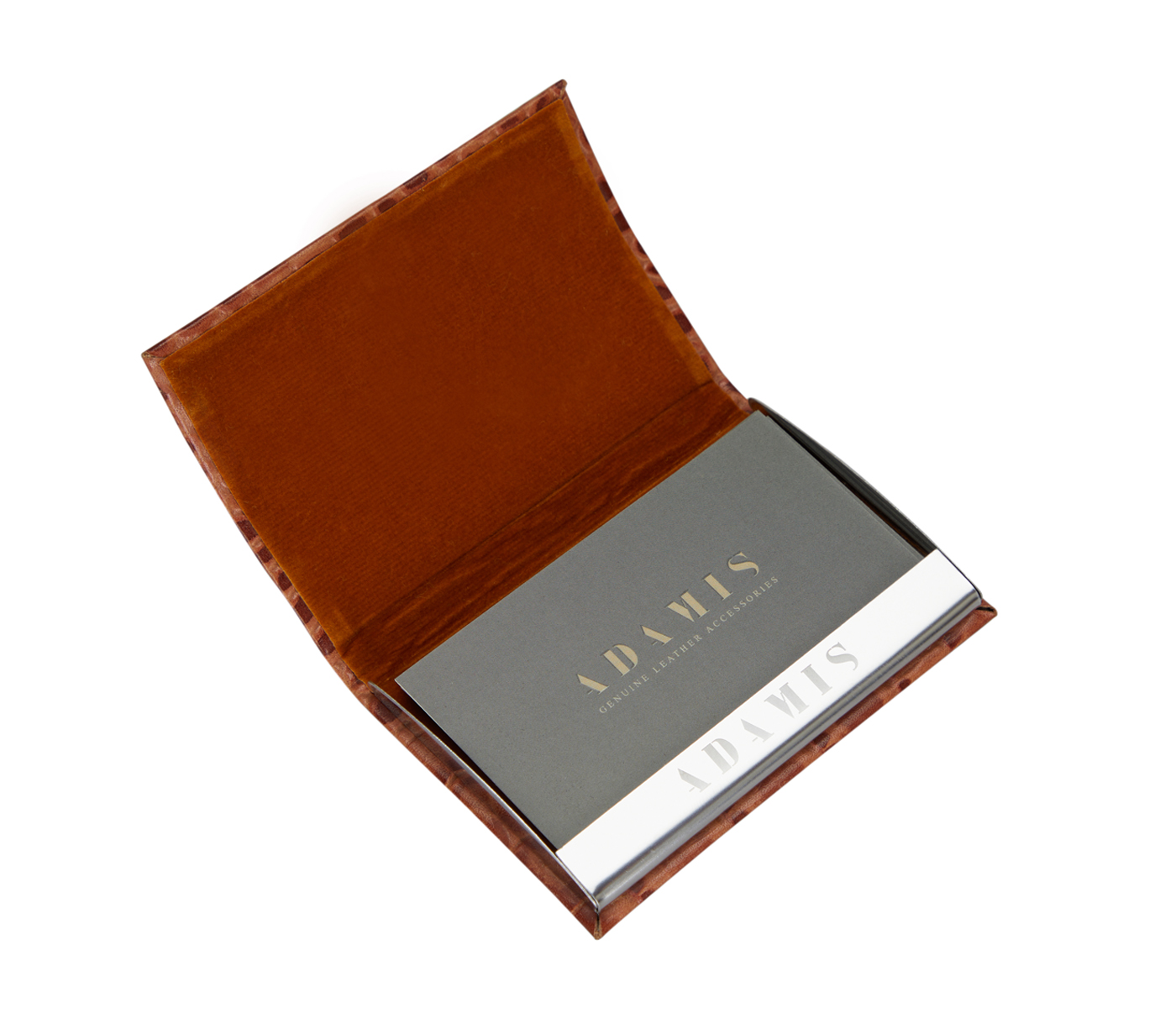 W170--Metal Body Credit, Visting Card Case Bounded In Genuine Leather - Tan