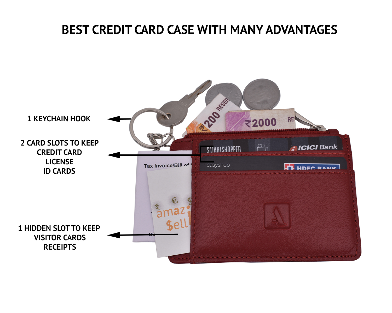 W201--Credit card holder with photo id in Genuine Leather - Red