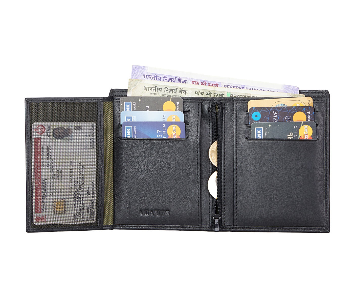 W7-Davide-Men's Bifold Wallet With Photo Id In Genuine Leather - Black